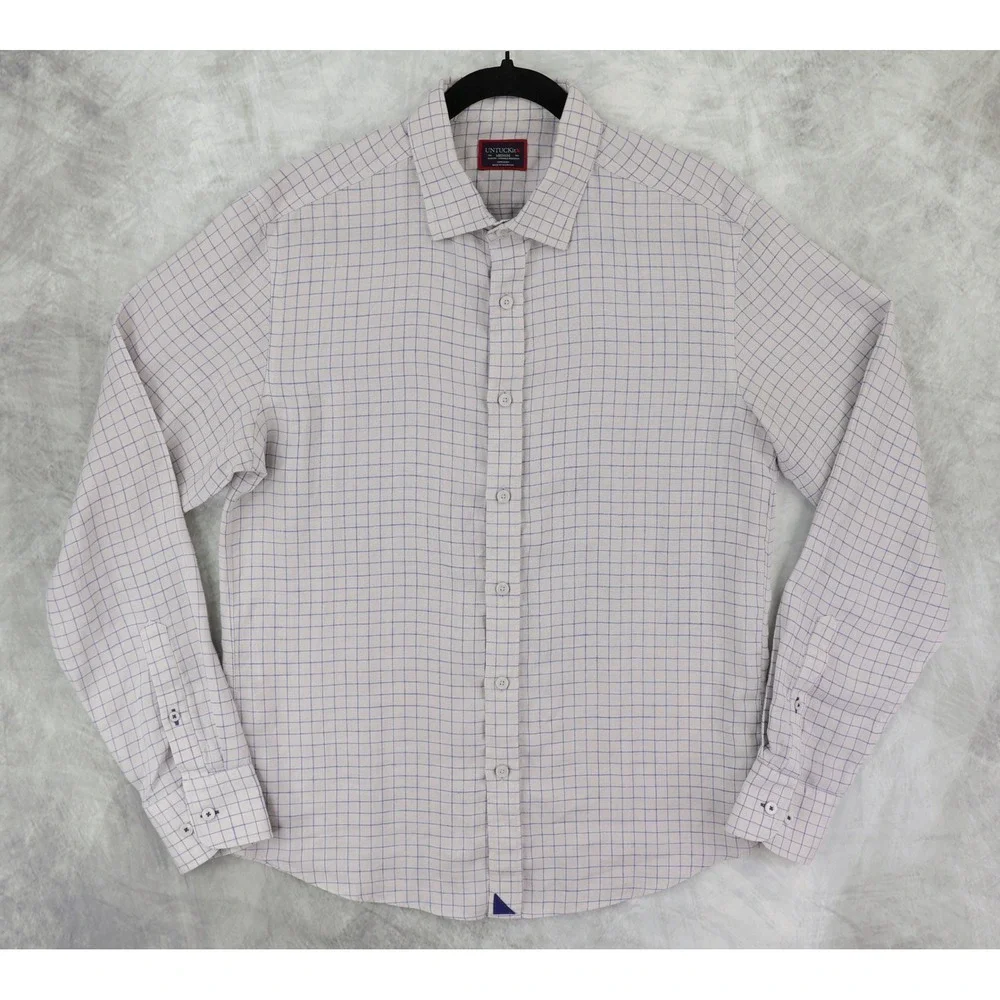 UNTUCKit Biltmore WR Linen Shirt Men Medium Grey Blue Grid Checks Slim Fit